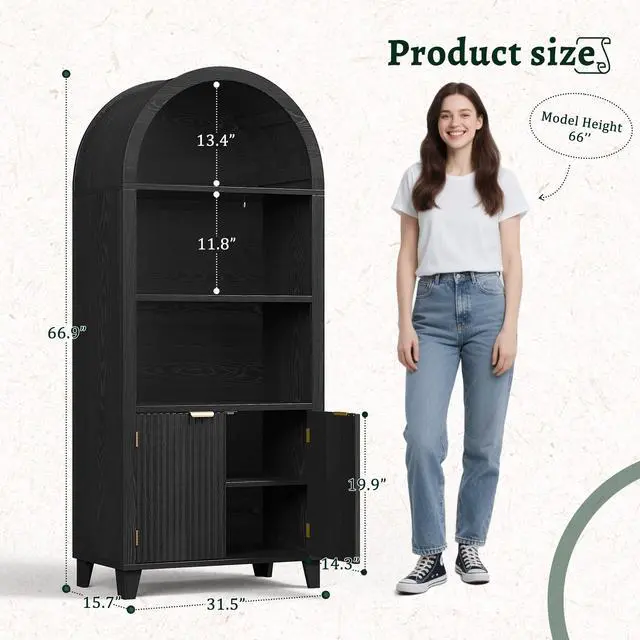 Alt view image 2 of 6 - Book Shelf Arched Cabinet, 5-Tier Arch Bookcase with Doors and Adjustable Wood Shelves, Wooden Storage Cabinet with Open Display Shelf for Office,Living Room, Kitchen, Black