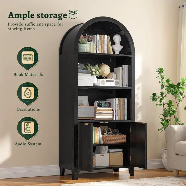Alt view image 3 of 6 - Book Shelf Arched Cabinet, 5-Tier Arch Bookcase with Doors and Adjustable Wood Shelves, Wooden Storage Cabinet with Open Display Shelf for Office,Living Room, Kitchen, Black