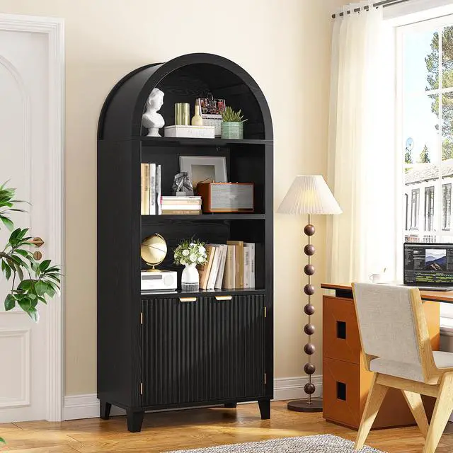 Alt view image 5 of 6 - Book Shelf Arched Cabinet, 5-Tier Arch Bookcase with Doors and Adjustable Wood Shelves, Wooden Storage Cabinet with Open Display Shelf for Office,Living Room, Kitchen, Black