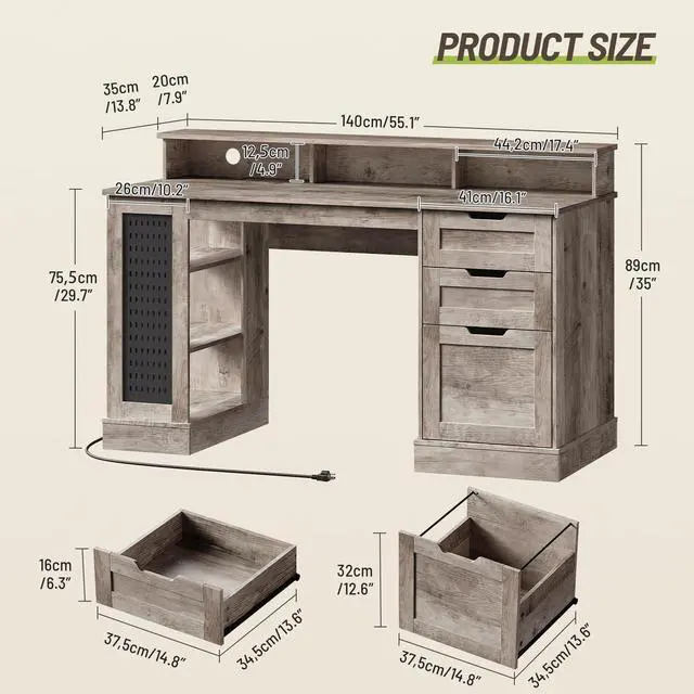 Alt view image 2 of 6 - 55-Inch Farmhouse Executive Desk with 2 Drawers and File Cabinet, Computer Desk with 3-Tier Storage Shelves, Home Office Desk with Charging Station, Pegboard and Monitor Shelf, Gray