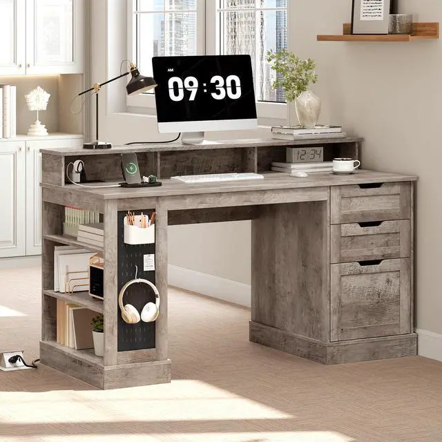 Alt view image 3 of 6 - 55-Inch Farmhouse Executive Desk with 2 Drawers and File Cabinet, Computer Desk with 3-Tier Storage Shelves, Home Office Desk with Charging Station, Pegboard and Monitor Shelf, Gray