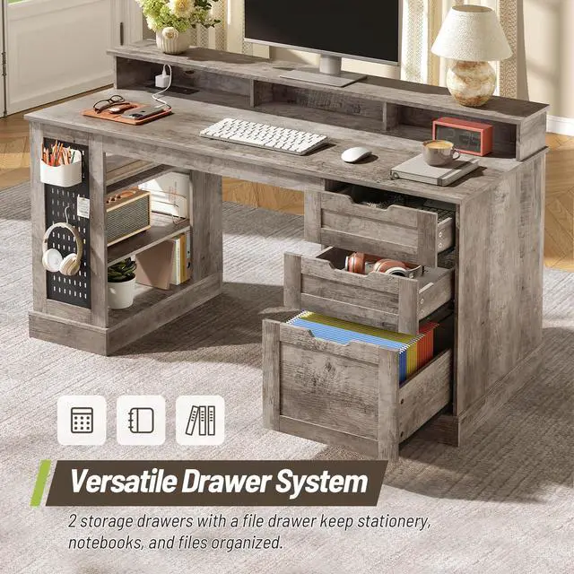 Alt view image 5 of 6 - 55-Inch Farmhouse Executive Desk with 2 Drawers and File Cabinet, Computer Desk with 3-Tier Storage Shelves, Home Office Desk with Charging Station, Pegboard and Monitor Shelf, Gray