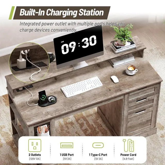 Alt view image 6 of 6 - 55-Inch Farmhouse Executive Desk with 2 Drawers and File Cabinet, Computer Desk with 3-Tier Storage Shelves, Home Office Desk with Charging Station, Pegboard and Monitor Shelf, Gray