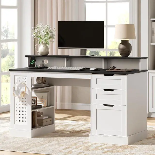 Main image of 55-Inch Farmhouse Executive Desk with 2 Drawers and File Cabinet, Computer Desk with 3-Tier Storage Shelves, Home Office Desk with Charging Station, Pegboard and Monitor Shelf, White and Black