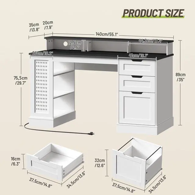 Alt view image 2 of 6 - 55-Inch Farmhouse Executive Desk with 2 Drawers and File Cabinet, Computer Desk with 3-Tier Storage Shelves, Home Office Desk with Charging Station, Pegboard and Monitor Shelf, White and Black