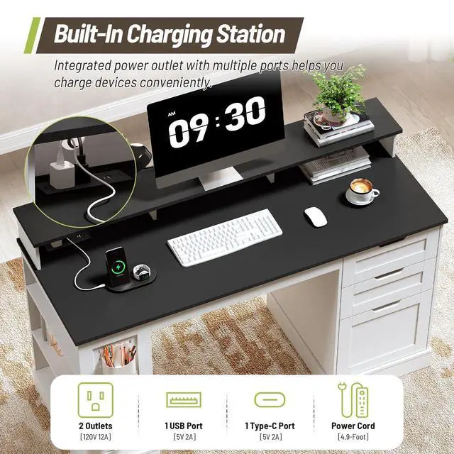 Alt view image 4 of 6 - 55-Inch Farmhouse Executive Desk with 2 Drawers and File Cabinet, Computer Desk with 3-Tier Storage Shelves, Home Office Desk with Charging Station, Pegboard and Monitor Shelf, White and Black