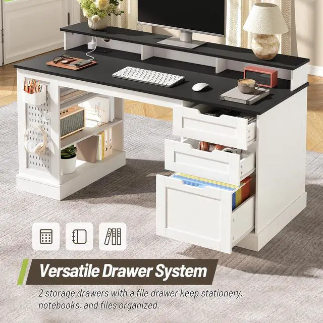 Alt view image 5 of 6 - 55-Inch Farmhouse Executive Desk with 2 Drawers and File Cabinet, Computer Desk with 3-Tier Storage Shelves, Home Office Desk with Charging Station, Pegboard and Monitor Shelf, White and Black