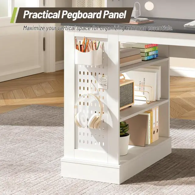 Alt view image 6 of 6 - 55-Inch Farmhouse Executive Desk with 2 Drawers and File Cabinet, Computer Desk with 3-Tier Storage Shelves, Home Office Desk with Charging Station, Pegboard and Monitor Shelf, White and Black