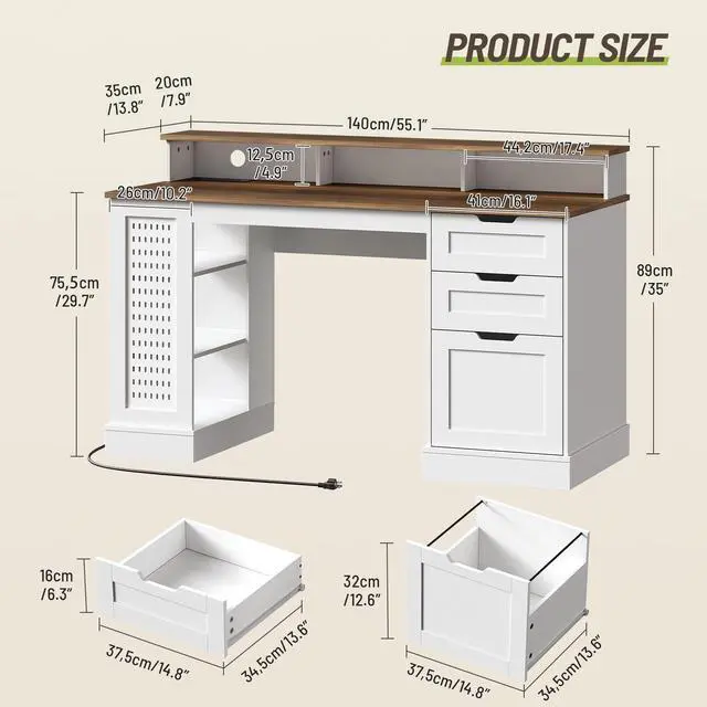 Alt view image 2 of 6 - 55-inch Farmhouse Executive Desk with 2 Drawers and File Cabinet, Computer Desk with 3-Tier Storage Shelves, Home Office Desk with Charging Station, Pegboard & Monitor Shelf, White and Walnut