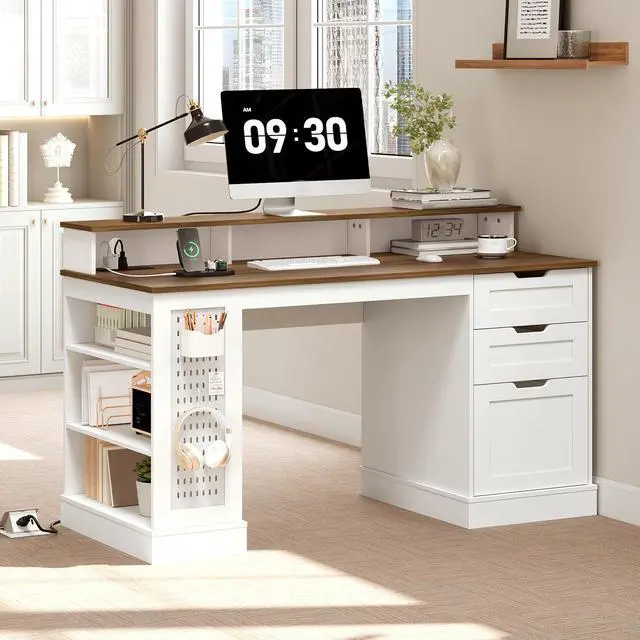 Alt view image 3 of 6 - 55-inch Farmhouse Executive Desk with 2 Drawers and File Cabinet, Computer Desk with 3-Tier Storage Shelves, Home Office Desk with Charging Station, Pegboard & Monitor Shelf, White and Walnut