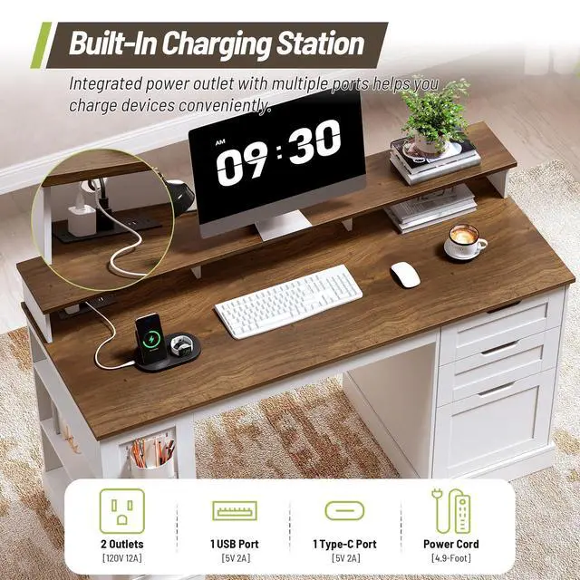 Alt view image 5 of 6 - 55-inch Farmhouse Executive Desk with 2 Drawers and File Cabinet, Computer Desk with 3-Tier Storage Shelves, Home Office Desk with Charging Station, Pegboard & Monitor Shelf, White and Walnut