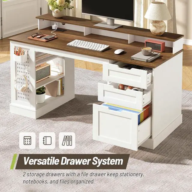 Alt view image 6 of 6 - 55-inch Farmhouse Executive Desk with 2 Drawers and File Cabinet, Computer Desk with 3-Tier Storage Shelves, Home Office Desk with Charging Station, Pegboard & Monitor Shelf, White and Walnut