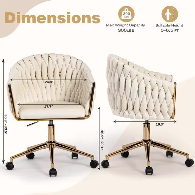 Alt view image 2 of 6 - Velvet Office Chair with Hand Woven, Beige Vanity Desk Chairs with Golden Wheels, 360° Swivel Home Office Desk Chair Computer Chairs, Accent Chair Makeup Chair for Bedroom, Living Room(Beige)
