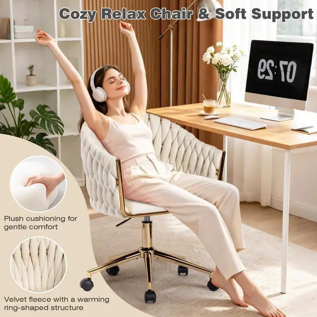 Alt view image 3 of 6 - Velvet Office Chair with Hand Woven, Beige Vanity Desk Chairs with Golden Wheels, 360° Swivel Home Office Desk Chair Computer Chairs, Accent Chair Makeup Chair for Bedroom, Living Room(Beige)