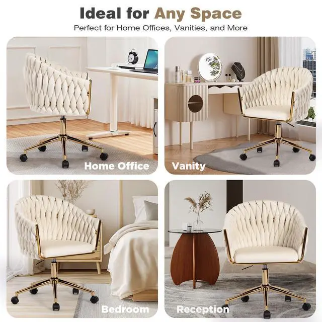 Alt view image 4 of 6 - Velvet Office Chair with Hand Woven, Beige Vanity Desk Chairs with Golden Wheels, 360° Swivel Home Office Desk Chair Computer Chairs, Accent Chair Makeup Chair for Bedroom, Living Room(Beige)