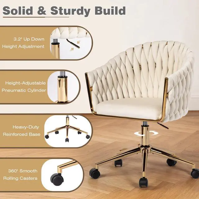 Alt view image 5 of 6 - Velvet Office Chair with Hand Woven, Beige Vanity Desk Chairs with Golden Wheels, 360° Swivel Home Office Desk Chair Computer Chairs, Accent Chair Makeup Chair for Bedroom, Living Room(Beige)
