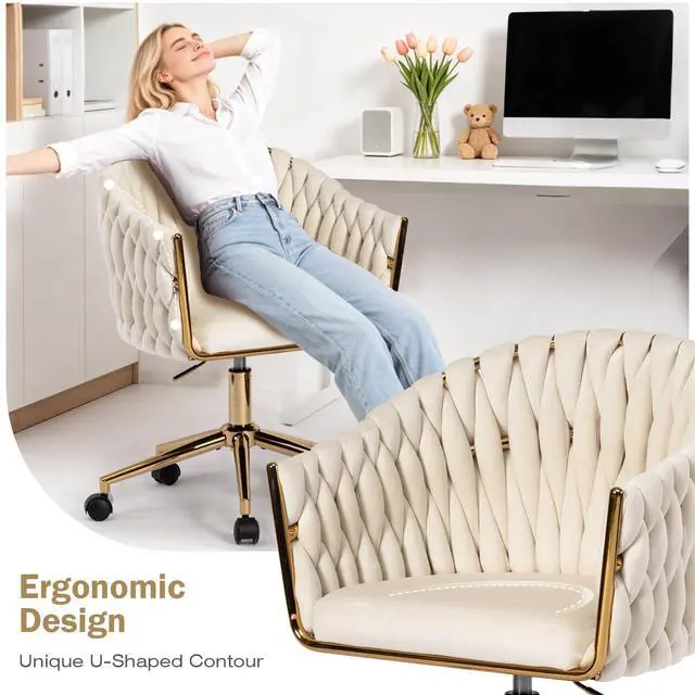 Alt view image 6 of 6 - Velvet Office Chair with Hand Woven, Beige Vanity Desk Chairs with Golden Wheels, 360° Swivel Home Office Desk Chair Computer Chairs, Accent Chair Makeup Chair for Bedroom, Living Room(Beige)