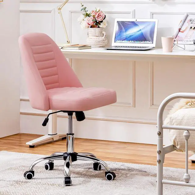 Alt view image 2 of 6 - Mid Back PU Leather Armless Desk Office Chair, Modern Comfy Vanity Chair with Rolling Wheels, Metal Base Pink
