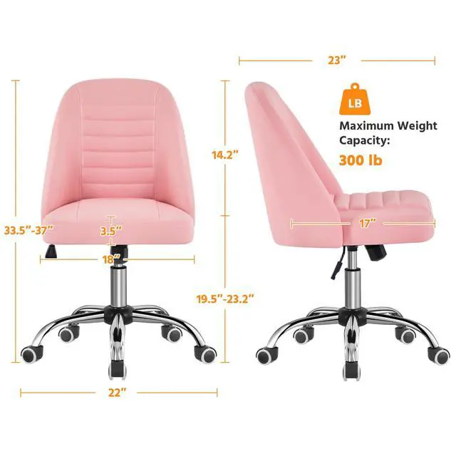 Alt view image 3 of 6 - Mid Back PU Leather Armless Desk Office Chair, Modern Comfy Vanity Chair with Rolling Wheels, Metal Base Pink