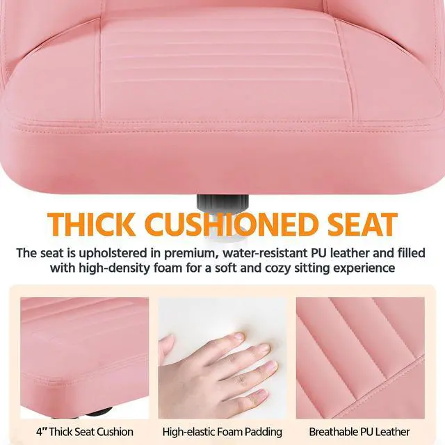 Alt view image 4 of 6 - Mid Back PU Leather Armless Desk Office Chair, Modern Comfy Vanity Chair with Rolling Wheels, Metal Base Pink