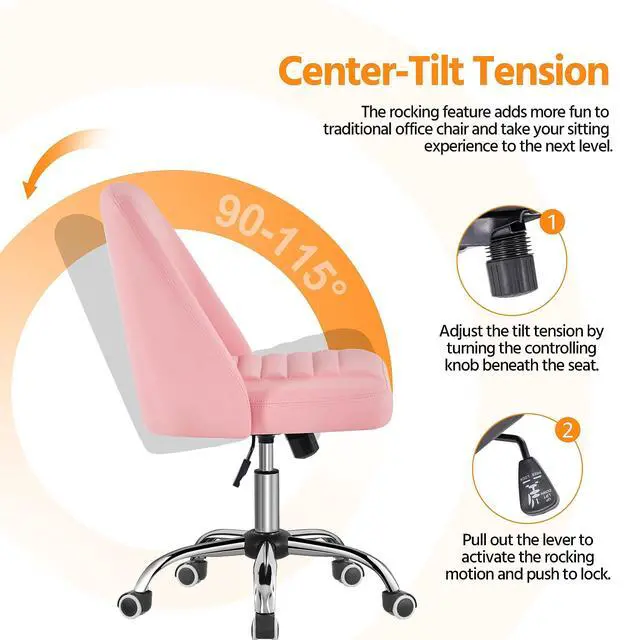 Alt view image 5 of 6 - Mid Back PU Leather Armless Desk Office Chair, Modern Comfy Vanity Chair with Rolling Wheels, Metal Base Pink