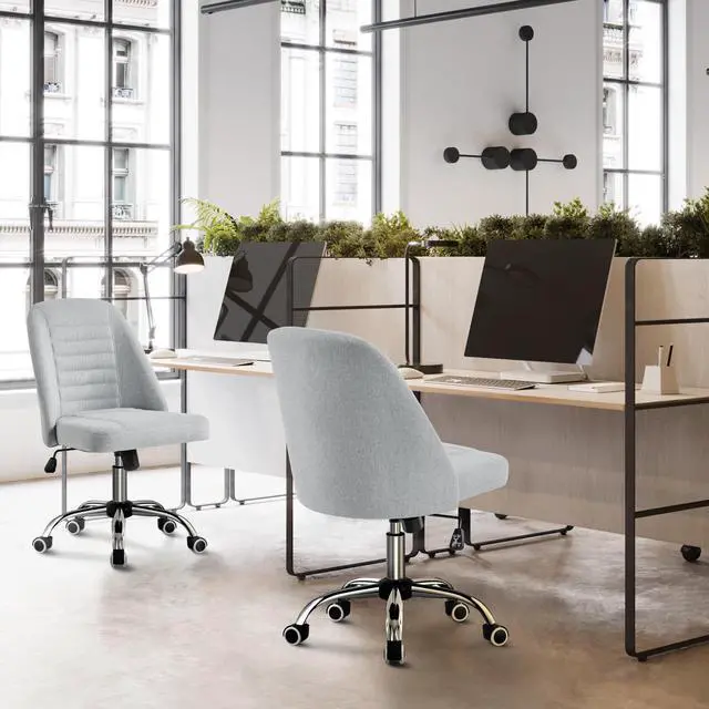 Alt view image 2 of 6 - Home Office Desk Chairs, Modern Armless Vanity Chair, Mid Back Desk Chair, Linen Fabric Computer Task Chair with Rolling Wheels, Metal Base