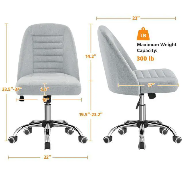 Alt view image 3 of 6 - Home Office Desk Chairs, Modern Armless Vanity Chair, Mid Back Desk Chair, Linen Fabric Computer Task Chair with Rolling Wheels, Metal Base