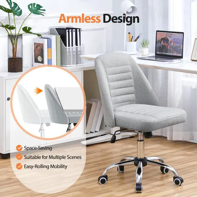 Alt view image 4 of 6 - Home Office Desk Chairs, Modern Armless Vanity Chair, Mid Back Desk Chair, Linen Fabric Computer Task Chair with Rolling Wheels, Metal Base
