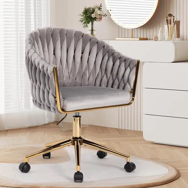 Main image of Velvet Office Chair with Hand Woven Back, Vanity Desk Chairs with Golden Wheels, Swivel Home Office Desk Chair, Accent Makeup Desk Chair for Bedroom, Living Room(Grey)