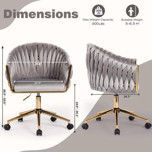 Alt view image 2 of 6 - Velvet Office Chair with Hand Woven Back, Vanity Desk Chairs with Golden Wheels, Swivel Home Office Desk Chair, Accent Makeup Desk Chair for Bedroom, Living Room(Grey)