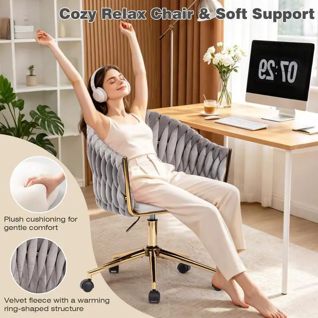 Alt view image 3 of 6 - Velvet Office Chair with Hand Woven Back, Vanity Desk Chairs with Golden Wheels, Swivel Home Office Desk Chair, Accent Makeup Desk Chair for Bedroom, Living Room(Grey)