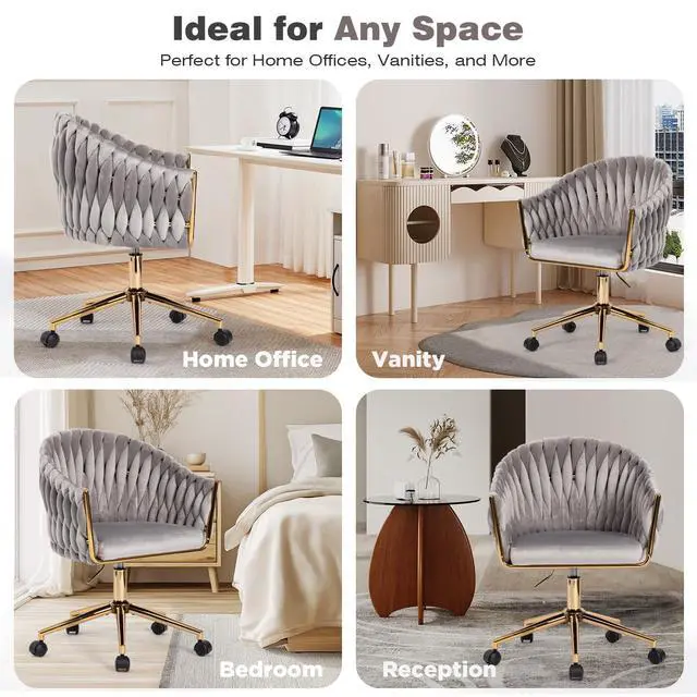 Alt view image 4 of 6 - Velvet Office Chair with Hand Woven Back, Vanity Desk Chairs with Golden Wheels, Swivel Home Office Desk Chair, Accent Makeup Desk Chair for Bedroom, Living Room(Grey)