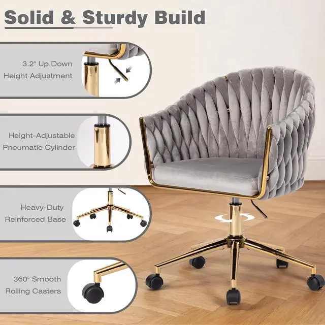 Alt view image 5 of 6 - Velvet Office Chair with Hand Woven Back, Vanity Desk Chairs with Golden Wheels, Swivel Home Office Desk Chair, Accent Makeup Desk Chair for Bedroom, Living Room(Grey)