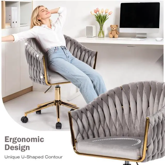 Alt view image 6 of 6 - Velvet Office Chair with Hand Woven Back, Vanity Desk Chairs with Golden Wheels, Swivel Home Office Desk Chair, Accent Makeup Desk Chair for Bedroom, Living Room(Grey)