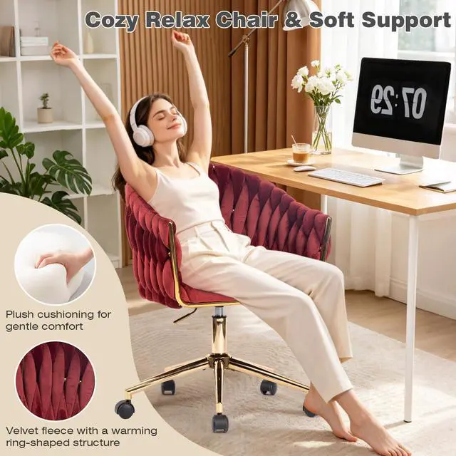 Alt view image 3 of 6 - Velvet Office Chair, Vanity Chairs with Wheels, 360° Swivel Velvet Home Office Desk Chair, Accent Chair Makeup Vanity Chair for Bedroom, Living Room(Red)