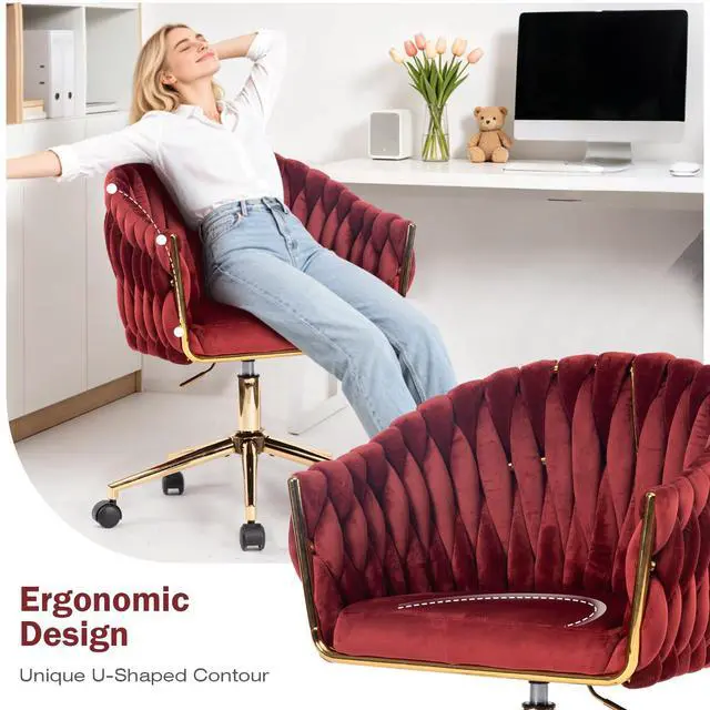 Alt view image 6 of 6 - Velvet Office Chair, Vanity Chairs with Wheels, 360° Swivel Velvet Home Office Desk Chair, Accent Chair Makeup Vanity Chair for Bedroom, Living Room(Red)
