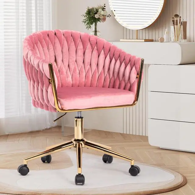 Main image of Cute Velvet Office Chair for Women, 360° Swivel Small Office Desk Chair Makeup Vanity Chair with Back and Wheels for Bedroom, Pink Rolling Chair