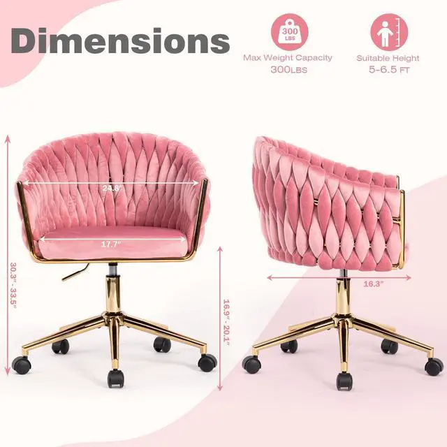 Alt view image 2 of 6 - Cute Velvet Office Chair for Women, 360° Swivel Small Office Desk Chair Makeup Vanity Chair with Back and Wheels for Bedroom, Pink Rolling Chair