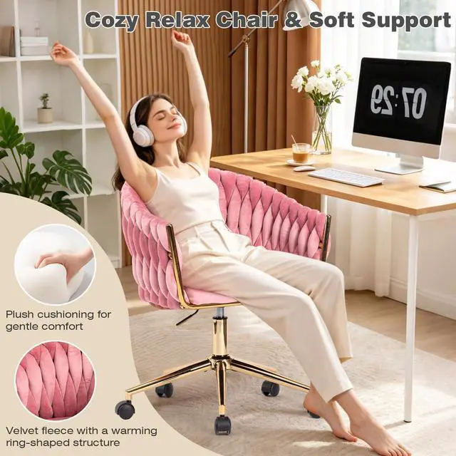 Alt view image 3 of 6 - Cute Velvet Office Chair for Women, 360° Swivel Small Office Desk Chair Makeup Vanity Chair with Back and Wheels for Bedroom, Pink Rolling Chair