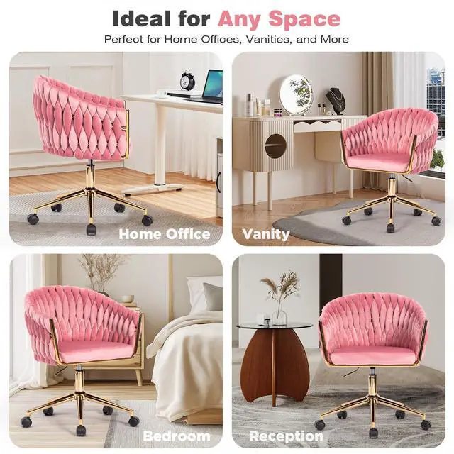 Alt view image 4 of 6 - Cute Velvet Office Chair for Women, 360° Swivel Small Office Desk Chair Makeup Vanity Chair with Back and Wheels for Bedroom, Pink Rolling Chair