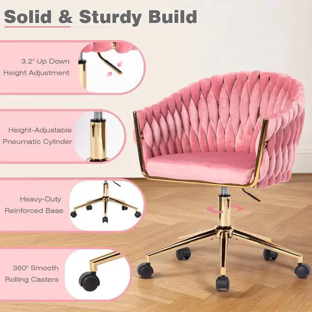 Alt view image 5 of 6 - Cute Velvet Office Chair for Women, 360° Swivel Small Office Desk Chair Makeup Vanity Chair with Back and Wheels for Bedroom, Pink Rolling Chair