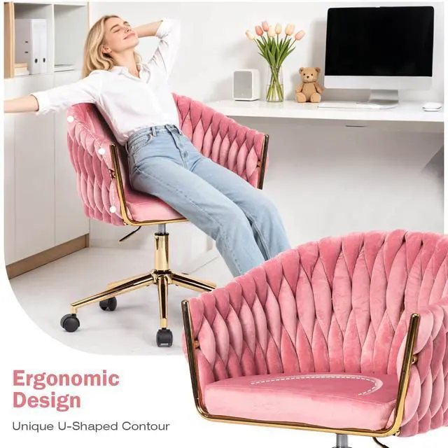 Alt view image 6 of 6 - Cute Velvet Office Chair for Women, 360° Swivel Small Office Desk Chair Makeup Vanity Chair with Back and Wheels for Bedroom, Pink Rolling Chair
