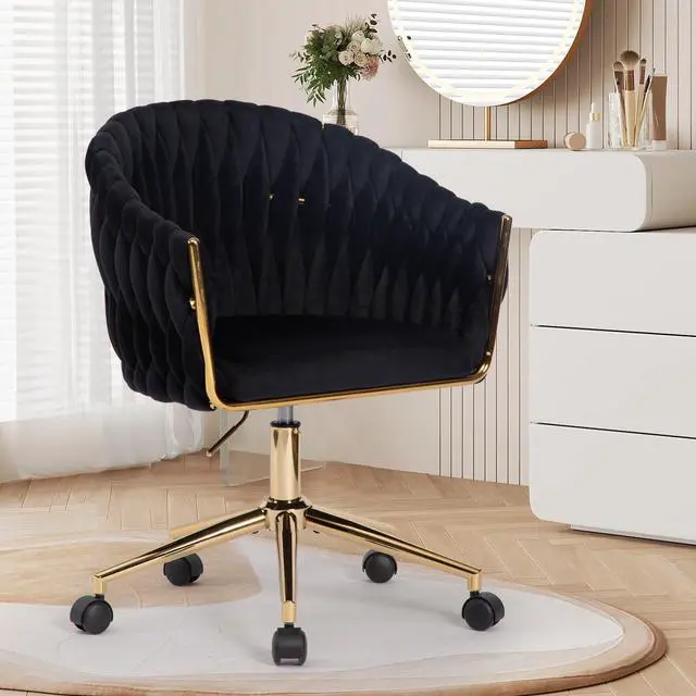 Main image of Velvet Office Chair with Hand Woven, Black Vanity Chairs with Golden Wheels, 360° Swivel Home Office Desk Chair Computer Chairs, Accent Chair Makeup Chair for Bedroom, Living Room(Black)
