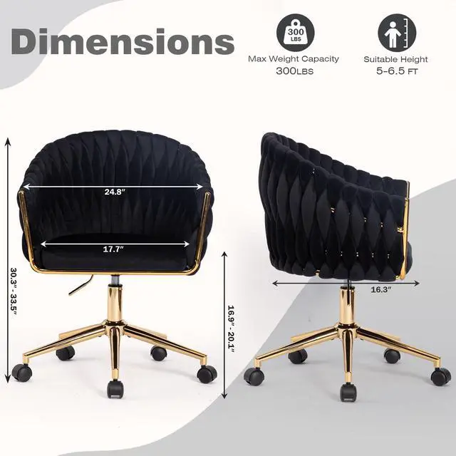 Alt view image 2 of 6 - Velvet Office Chair with Hand Woven, Black Vanity Chairs with Golden Wheels, 360° Swivel Home Office Desk Chair Computer Chairs, Accent Chair Makeup Chair for Bedroom, Living Room(Black)