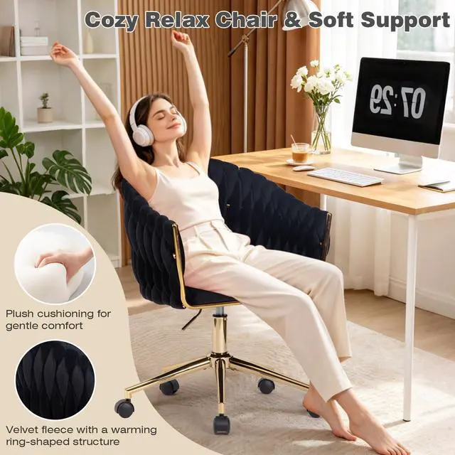 Alt view image 3 of 6 - Velvet Office Chair with Hand Woven, Black Vanity Chairs with Golden Wheels, 360° Swivel Home Office Desk Chair Computer Chairs, Accent Chair Makeup Chair for Bedroom, Living Room(Black)