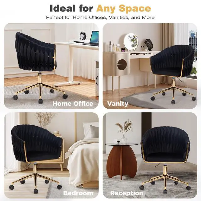 Alt view image 4 of 6 - Velvet Office Chair with Hand Woven, Black Vanity Chairs with Golden Wheels, 360° Swivel Home Office Desk Chair Computer Chairs, Accent Chair Makeup Chair for Bedroom, Living Room(Black)