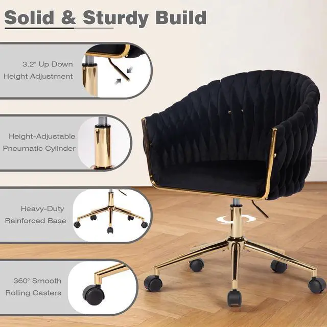 Alt view image 5 of 6 - Velvet Office Chair with Hand Woven, Black Vanity Chairs with Golden Wheels, 360° Swivel Home Office Desk Chair Computer Chairs, Accent Chair Makeup Chair for Bedroom, Living Room(Black)