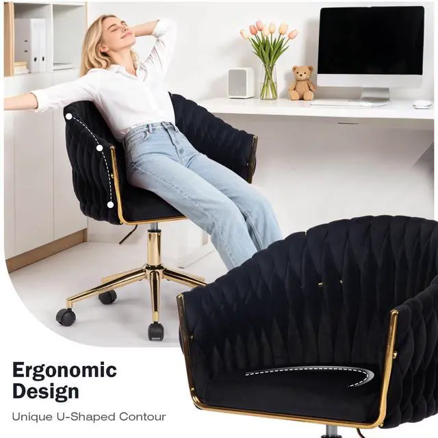 Alt view image 6 of 6 - Velvet Office Chair with Hand Woven, Black Vanity Chairs with Golden Wheels, 360° Swivel Home Office Desk Chair Computer Chairs, Accent Chair Makeup Chair for Bedroom, Living Room(Black)
