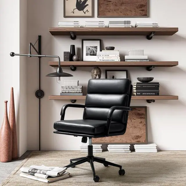 Main image of Modern Faux Leather Home Office Chair with Tilt Lock, Black | Leather Desk Chair with Wheels & Padded Cushion, 360° Swivel Wide Seat Computer Task Chair, Comfy Executive Chair