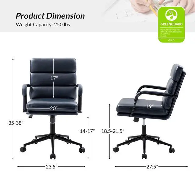 Alt view image 2 of 6 - Modern Faux Leather Home Office Chair with Tilt Lock, Black | Leather Desk Chair with Wheels & Padded Cushion, 360° Swivel Wide Seat Computer Task Chair, Comfy Executive Chair